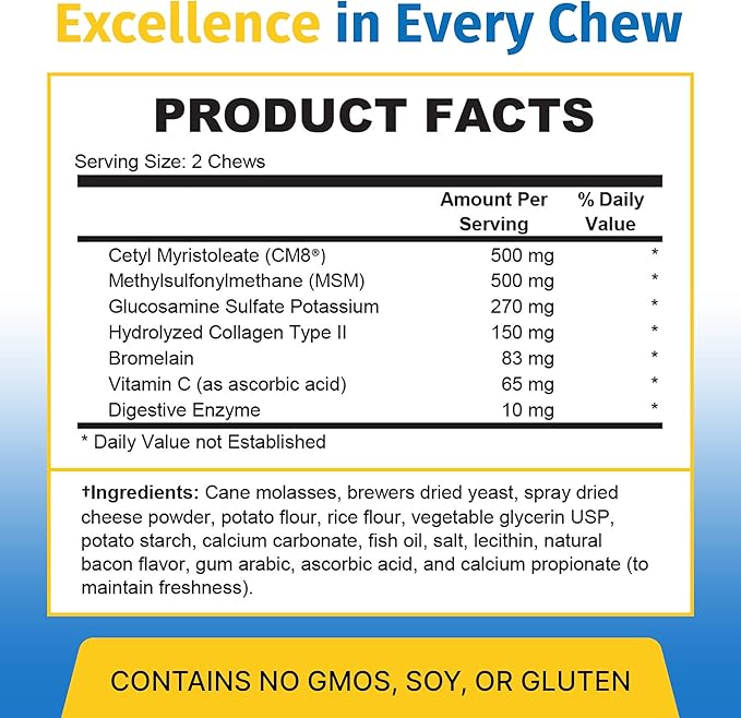 Hip & Joint Supplement for Dogs & Cats with Cetyl Myristoleate, Glucosamine, Collagen, MSM - Max Strength Joint Support for Mobility, Senior Pets, Large Breeds - Trial Pack (Bacon/Cheese)