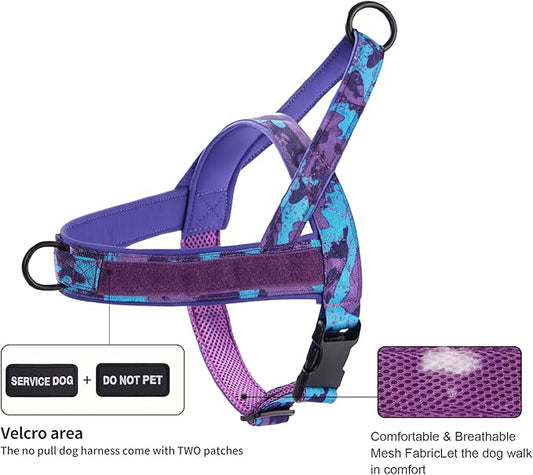Annchwool No Pull Dog Harness,Collar & Leash Set|Dog Harness with Handle+Heavy Duty Dog Collar+Dog Leash with Double Handle & Car Seatbelt Clip|Easy for Walking Medium Large Size Dogs(Camo Purple,XL)