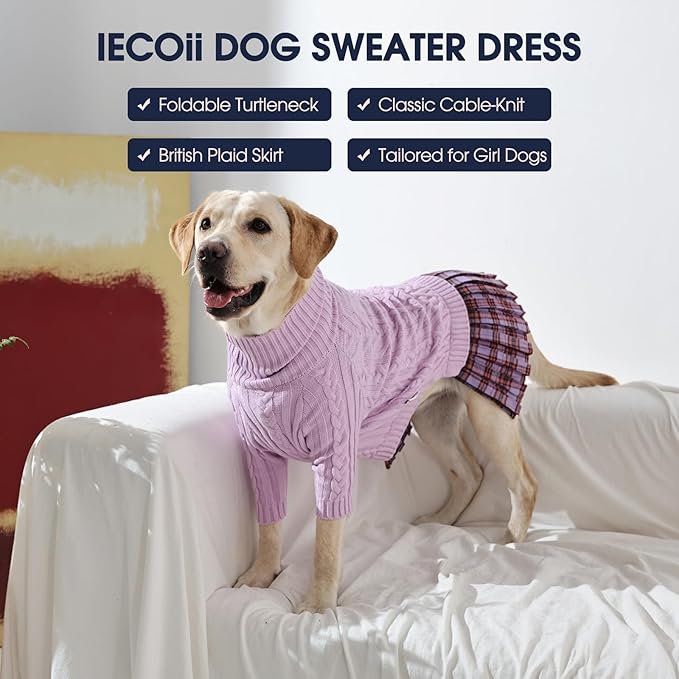 IECOii XL Dog Sweater Dress for Large Dogs Girl, Cable Knit Winter Dress for Female Dogs, Purple,XLarge, Soft Girl Dog Sweater with Tartan Plaid Skirt Cute Turtleneck Knitwear for Cold Weather