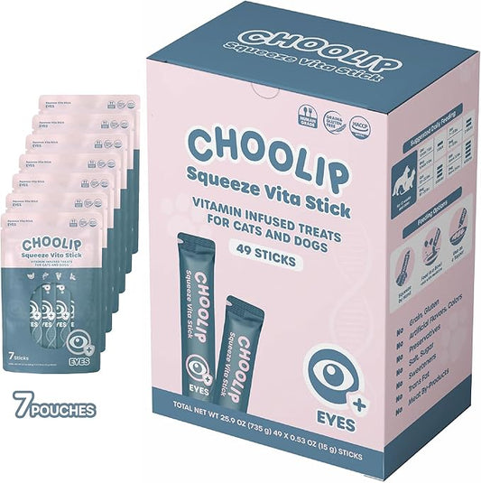 Choolip Squeeze Vita Stick Lickable Cat and Dog Treats – 49-Count Eye Support Sticks with Multivitamins, Soft Squeezable Paste for All Life Stages, Supporting Eye Health - Box with 7 Pouches