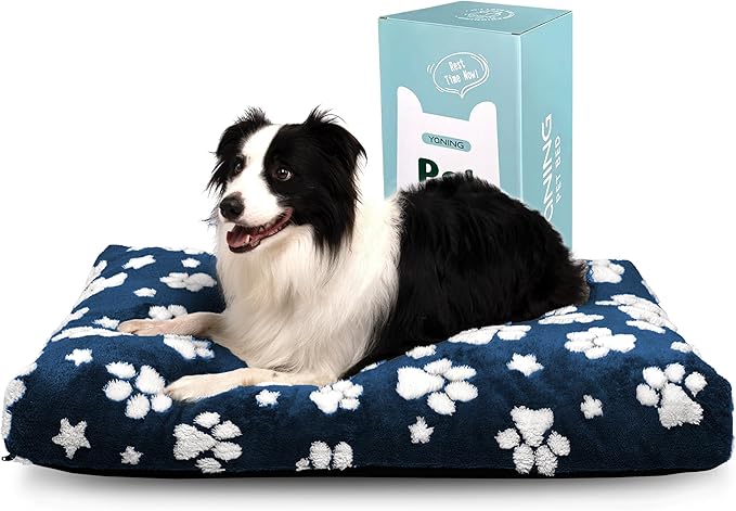 Dog Beds for Large Dogs, Cute Thick Dog Bed for Crate Kennel, Fluffy Pet Bed with Removable Washable Cover and Anti-Slip Bottom, 35"x 22", Navy Paw