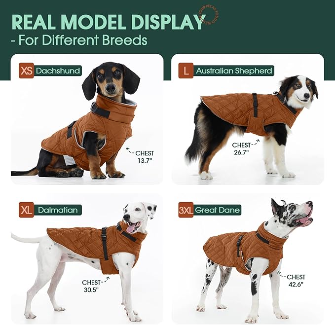 Kuoser Dog Coat Warm Fleece Lining Turtleneck Dog Jacket with Harness Built-in, Adjustable Windproof Cold Weather Coats with Quick Release Buckle Pet Winter Snowsuit for Large Dogs, Khaki XL