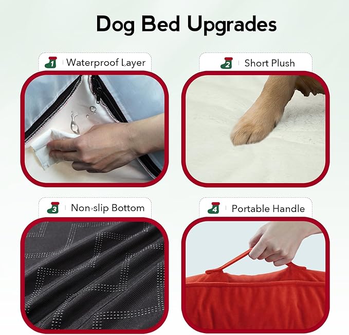 Christmas Dog Bed Large Size - XL Orthopedic Egg-Crate Memory Foam Dog Beds with Removable Washable Cover, Waterproof Pet Beds with Non-Slip Bottom, Red