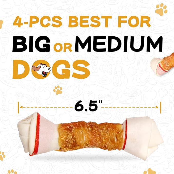 PAWUP Dog Treat Rawhide Bones with Chicken (6.5 ", 4 pcs), Dog Chews Beefhide Treats w/Taurine, 10.5 oz