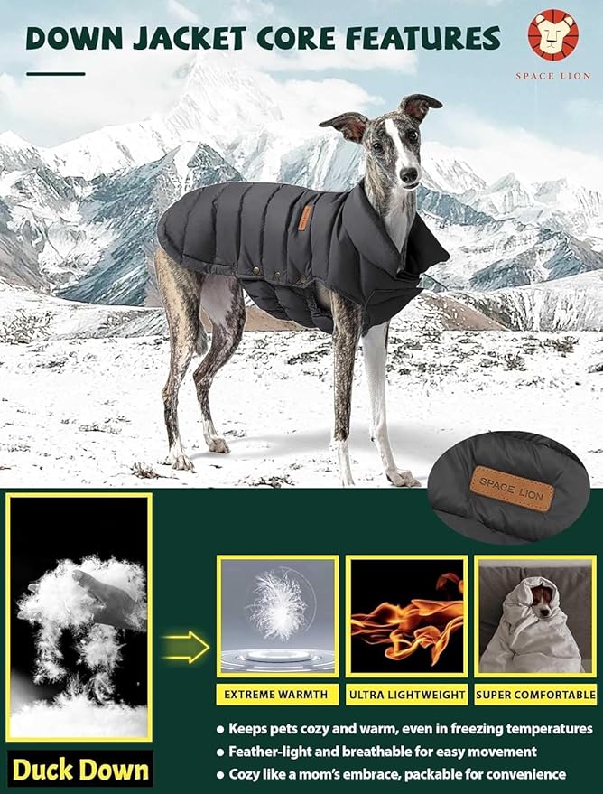SPACE LION Dog Puffer Jacket, Down Winter Coat, Durable Outdoor Coat for Cold and Windy Conditions, Lightweight & Adjustable Fit Coats for Medium & Large Dogs, (Onyx Black, Size 16 Gift Box)