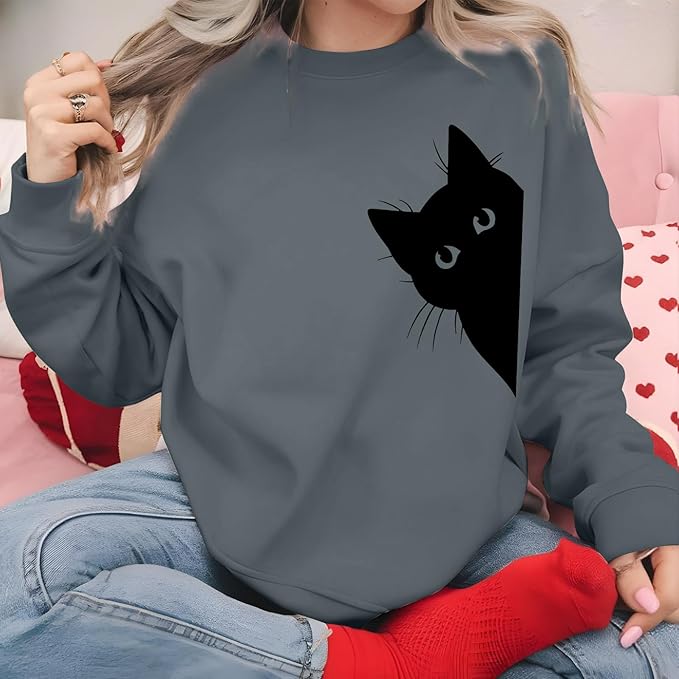 Cat Sweatshirts for Women Graphic Print Sweatshirt Funny Long Sleeve Shirt Cute Pullover Lightweight Hoodie Tops