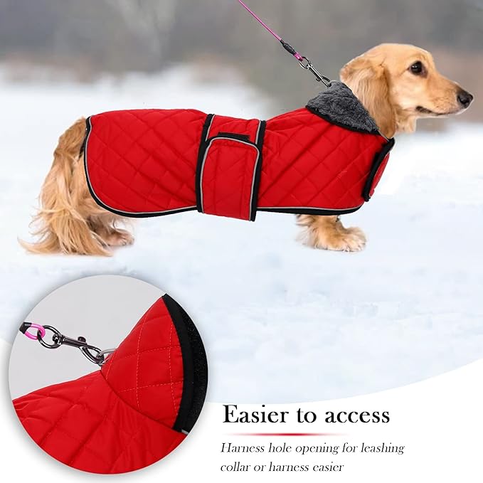 Geyecete Warm Thermal Quilted Dachshund Coat, Dog Winter Coat with Warm Fleece Lining, Outdoor Dog Apparel with Adjustable Bands for Medium, Large Dog-Red-XS