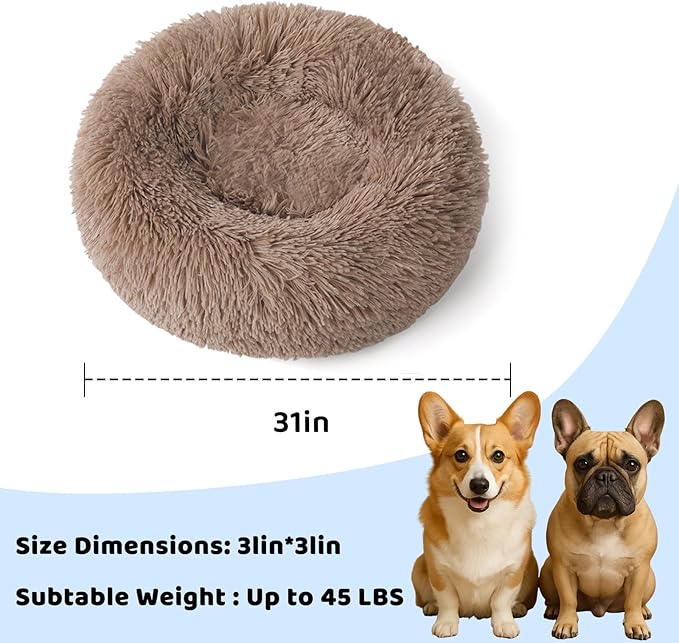 DFQ Donut-Shaped Pet Bed for Medium Dogs, Round Calming Cuddler for Cats, Cozy Anti-Anxiety Sofa, Plush Fluffy Faux Fur Cushion-31''-Camel