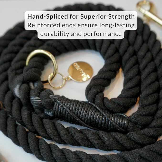 DJANGO Cotton Rope Dog Leash 5ft – Handcrafted Dog Leash and Black Braided Leash for Small, Medium, and Large Dogs – Durable 5 Foot Training Lead with Gold Hardware and Whipped Ends – Black