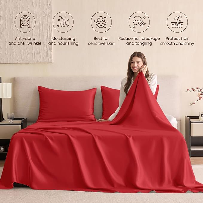 THXSILK Silk Sheet Set 4Pcs, 6A+ Top Grade 100% Pure Mulberry Silk Bed Sheets Ultra Soft Durable Luxury Bedding Sets Cooling, 1 Fitted Sheet, 1 Flat Sheet and 2 Pillowcases (Twin-XL, Red)