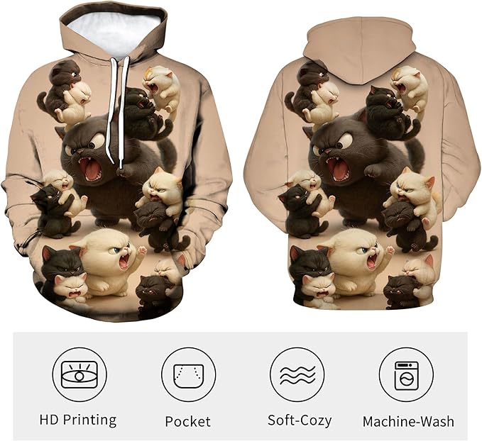 Blissboy Novelty Long Sleeve Hoodie Funny Cat Print Sweatshirts