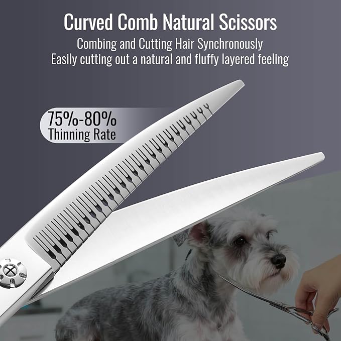 Magic Curved Natural Chunkers Dog Grooming Scissors Professional 7'' Pointy-tongued Curved Thinning Shears for Pet Cat Shih Tzu, Schnauzer 70% Thinning Rate Japan 440C 37 Teeth