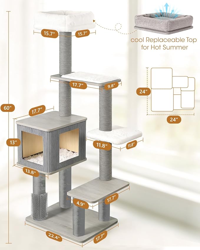 60in Maine Coon Cat Tree for Large Cats, Heavy Duty Cat Trees for Large Cats, Modern Cat Tree Tower with Plush Platforms, Gray Sisal Posts, Scratching Post for Indoor Cats