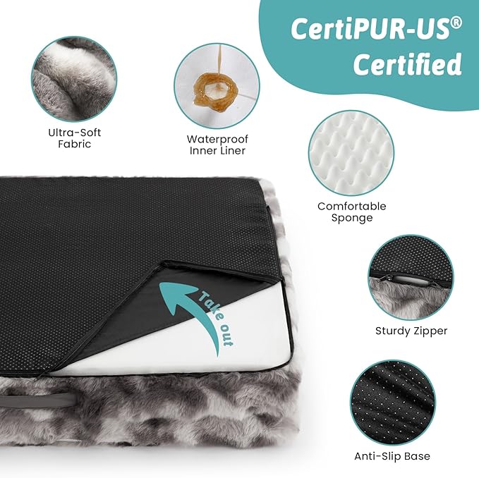 Orthopedic Dog Bed for Large Medium Size Dog, Faux Fur Pet Sofa, Foam Bolster Couch with Waterproof Lining Cover, Anti-Slip, Soft, Warm, Washable, C-Shaped, L 36x27x6.5 inch, Tie Dye Grey