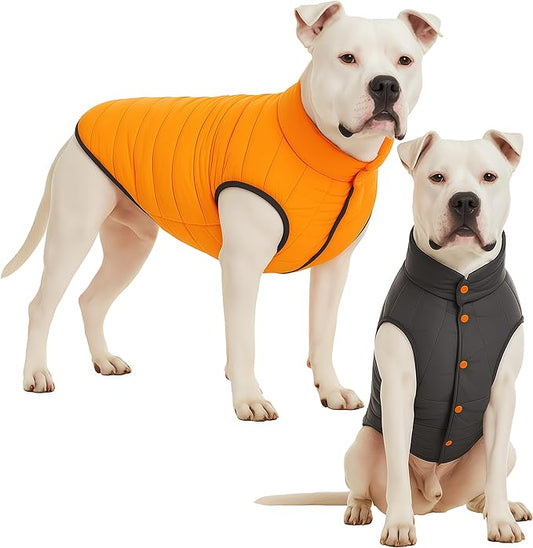 LovinPet Reversible Dog Puffer Coat for Medium & Large Dogs, Down‑Insulated Winter Jacket, Water‑Resistant & Wind‑Resistant, Anti‑Static, Dual-Sided Orange & Grey for Cold Weather,2XL