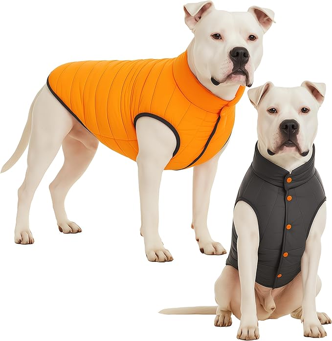 LovinPet Reversible Dog Puffer Coat for Medium & Large Dogs, Down‑Insulated Winter Jacket, Water‑Resistant & Wind‑Resistant, Anti‑Static, Dual-Sided Orange & Grey for Cold Weather,3XL