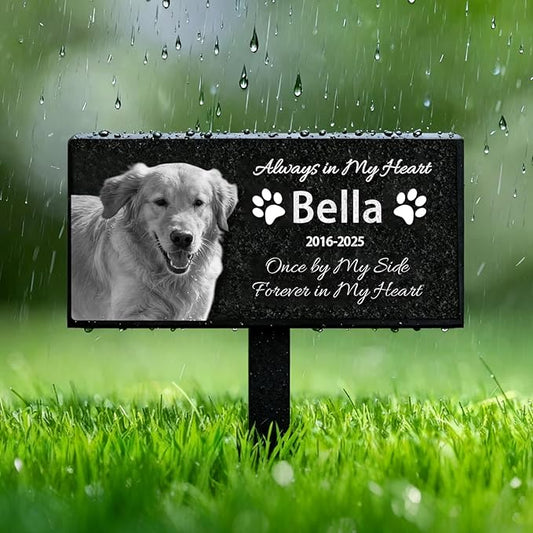 QYH Personalized Pet Memorial Stones with Picture - Dog Memorials & Funerary, Black Granite Memorial Garden Stone Laser Engraved Pet's Photo Pet Grave Markers Gifts for Loss of Dogs Cats (Black-JG)
