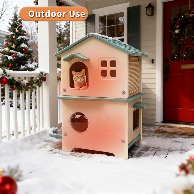 Rockever Outdoor Cat House with Insulated Liner, 100% Insulated Cat Houses for Winter Outside, 2 Story Waterproof Cat House For Outdoor Cats, Sturdy Stainless Steel Bowl & Scratching Post,Clean Easily