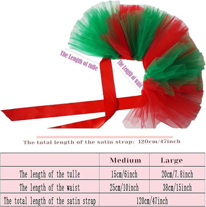 Christmas Pet Tutu Dress for Dogs & Cats - Adjustable Pet Tulle Costume, Small Animal Tutu Skirt for New Year Celebrations (RedGreen, Large)