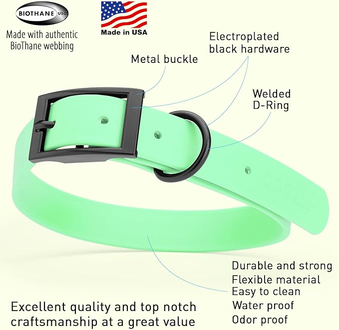 Dogline Biothane Coated Webbing Dog Collar with Black Metal Hardware: Durable Easy-Clean Everyday Collar for Dogs - Comfortable Adjustable Odor-Resistant Pet Collar, W1 x L22-25", Sea Foam Green