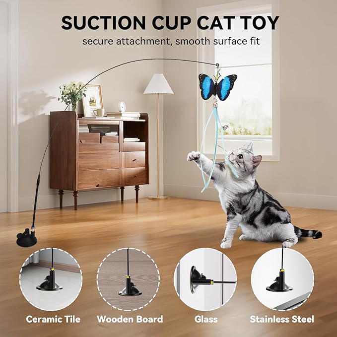 Blrmba Interactive Cat Toys: 4 Ways to Play Indoor Kitten Wand with Suction Cup, Removable 12Pcs Replacements (Feathers, Mice, Butterflies, Caterpillars, Flies, Fur Balls) – Detachable Design