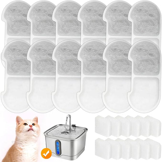 12+12 Pack Cat Water Fountain Filters Replacement for SEIRMEP 101oz/3L Stainless Steel Cat Water Fountain, Includes 12 Filters & 12 Sponges
