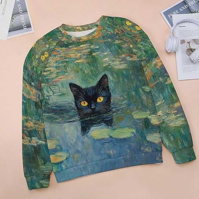 Womens novelty funny cat printed crewneck sweatshirt casual loose long sleeve graphic pullover sweatshirts tops