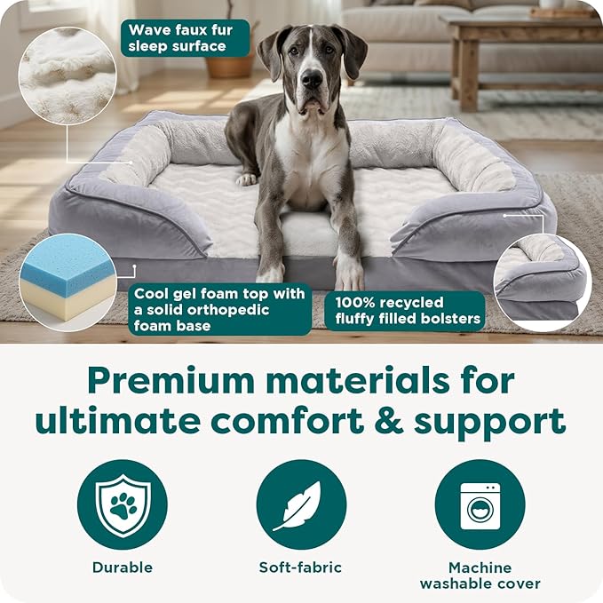 FurHaven Cooling Gel Dog Bed for Large Dogs, Perfect Comfort Sofa Bed with Cool Gel-Top & Orthopedic Foam Base, Removable Washable Cover, Jumbo Plus/XXL, Plush & Velvet, Granite Gray