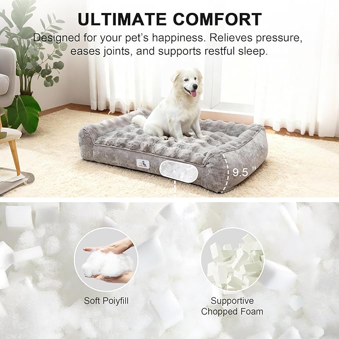 Orthopedic Dog Bed for Large Dogs - 42" Faux Fur Pet Couch with Removable Washable Cover, Nonskid Bottom, Supportive Foam, Comfortable Dog Sofa Bed for Medium Large Dogs, Gray