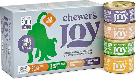 Chewer's Joy High Protein Wet Dog Food – Grain Free, No by-Products, No Gums – Natural Pâté – Real Chicken, Beef & Salmon – 12 Pack, 3oz Cans Variety Pack