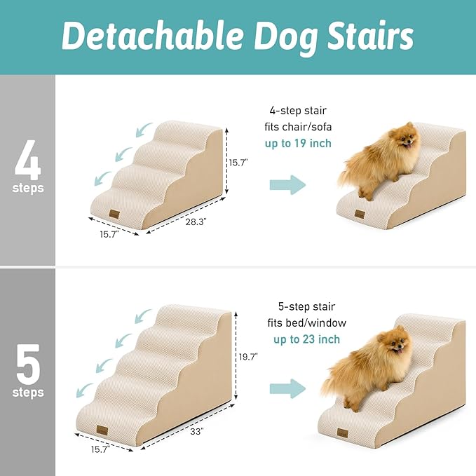 Dog Stairs for Small Dogs 15.7" H, 4-Step Slope Dog Steps for Bed, Couch or Chair, Sturdy Pet Ramp for Puppy, Older Cat, Pet Ladder with High Density Foam, 15.7x28.3x15.7 inch, Beige
