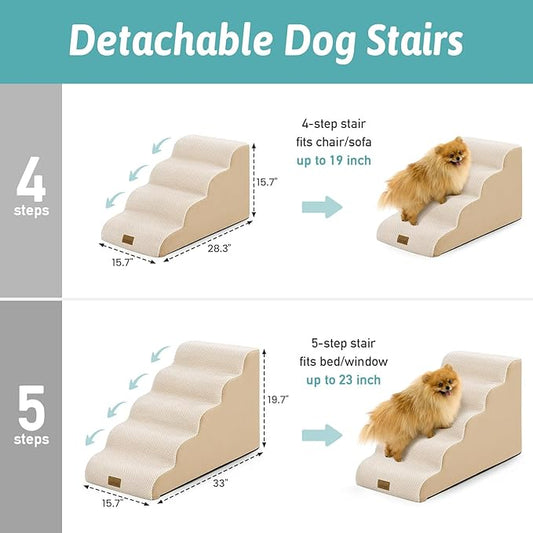 Dog Stairs for Small Dogs 15.7" H, 4-Step Slope Dog Steps for Bed, Couch or Chair, Sturdy Pet Ramp for Puppy, Older Cat, Pet Ladder with High Density Foam, 15.7x28.3x15.7 inch, Beige