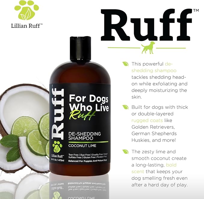Ruff by Lillian Ruff De-Shedding Shampoo & Oatmeal Conditioner | Coconut Lime & Sandalwood Coconut | Vitamin E, Omega-3, Aloe & Coconut Oil | Moisturizing, Soothing, Deodorizing | Made in USA