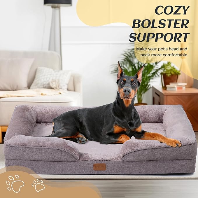 Extra Large Dog Bed Orthopedic with Bolster Sides Removable Egg-Crate Foam Waterproof Liner Pet Bed Sofa Couch with Removable Washable Cover Non-Slip Bottom, Beige