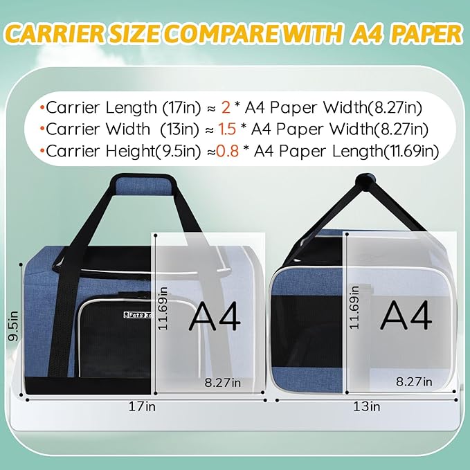 Petskd Pet Carrier 17x13x9.5 Southwest Airline Approved, Pet Travel Carrier Bag for Small Cats and Dogs, Soft Dog Carrier for 1-15 LBS Pets,Dog Cat Carrier with Safety Lock Zipper (Blue)