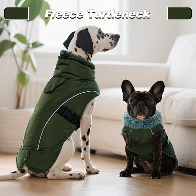 DENTRUN Winter Warm Dog Coat Reflective Jacket with Turtleneck for Cold Weather, Adjustable Buckle Windproof Water Repellent, Thick Snowsuit Fleece Vest for Small, Medium, Large Dogs, Green, XL