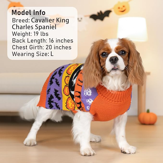 KYEESE Halloween Dog Sweater for Medium Sized Dogs Cute Pumpkin and Ghost Pattern Knitwear with Leash Hole Extra Warm and Soft Turtleneck Dog Apparel Cozy Holiday Pet Sweater, XX-Large