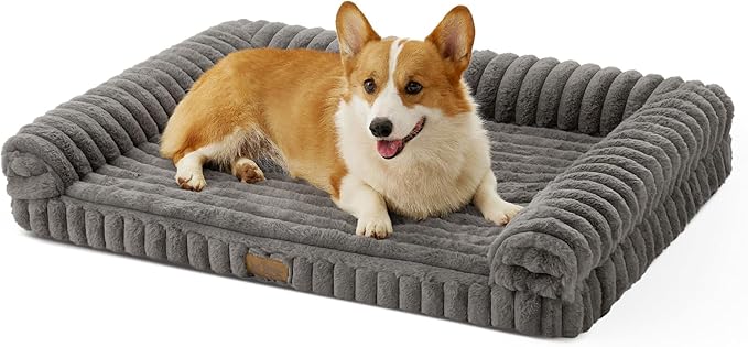 Cute Dog Bed for Medium Dogs, Faux Fur Orthopedic Foam Dog Bed with Sides, Removable Washable Cover & Waterproof Lining, Comfortable Pet Couch, Grey (36" L x 27" W x 6.5" Th)
