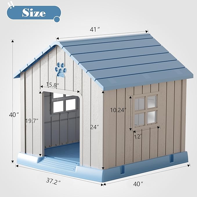 Fancyango Dog House Outdoor Indoor - Waterproof, Ventilated, Easy to Clean, Elevated Floor for Small-Large Dogs, Easy to Assemble (Blue, 37.2" L x 40" W x 40" H)
