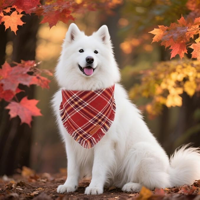 PTDECOR Fall Dog Bandanas with Tassels Edges, Orange and Brown Plaid Scarf Bib, Halloween Thanksgiving Autumn Pet Bandana, Reversible Triangle Bandanas for Extra Large Dogs (X-Large)