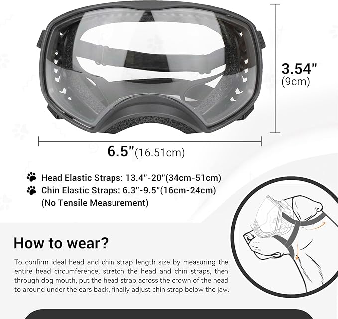 PETLESO Clear Dog Goggles for Large Dogs, Anti-UV Pet Sunglasses for Medium to Large Breed, Dog Eye Protection for Driving Riding Hiking, Wide View &Soft Frame, Adjustable, Clear Lens