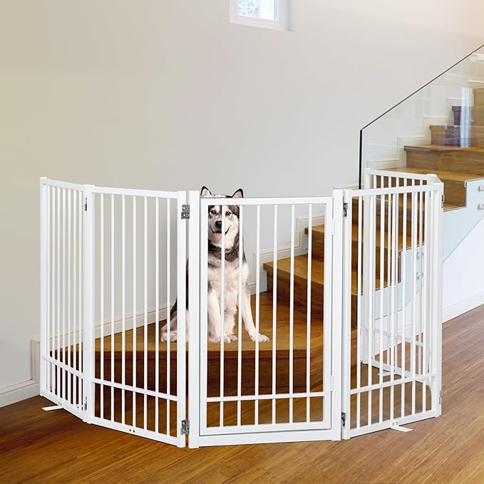 Metal Freestanding Dog Gate with Door, Extra Wide 121", 31" Height Foldable for Doorways, Tall Fence Indoor Outdoor Pet Barrier for Stairs Hallways, 6 Panels, White