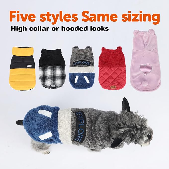 FOFOS Dog Winter Coat, Plush Dog Jacket with Leash Hole, Adjustable Warm Pet Snow Vest for Small Medium Dogs, Gray, M