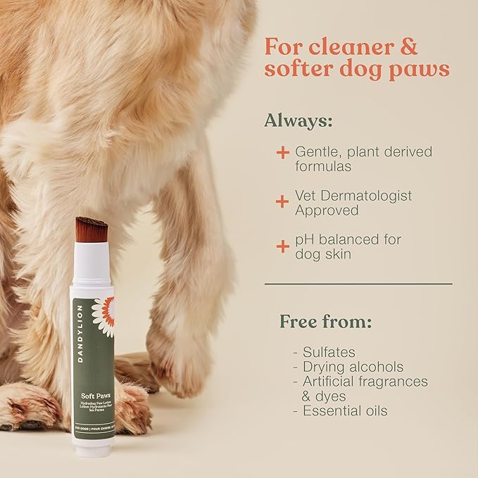 Dandylion Soft Paws Dog Lotion with Brush | Dog Paw Balm & Paw Butter | Hydrating, Vet-Approved, Lick-Safe, Fragrance-Free | pH-Balanced for Itchy, Dry, Cracked Paws | 0.6 fl oz