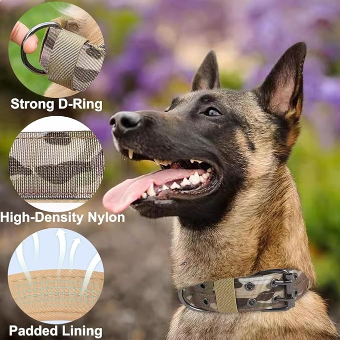 JSXD Tactical Dog Collar,Military Grade Nylon with Soft Padded Lining,1.5 inch Wide,Metal Buckle with 5 Adjustable Points,Heavy Duty Dog Collar for Medium Large Dogs (Camo, Medium)