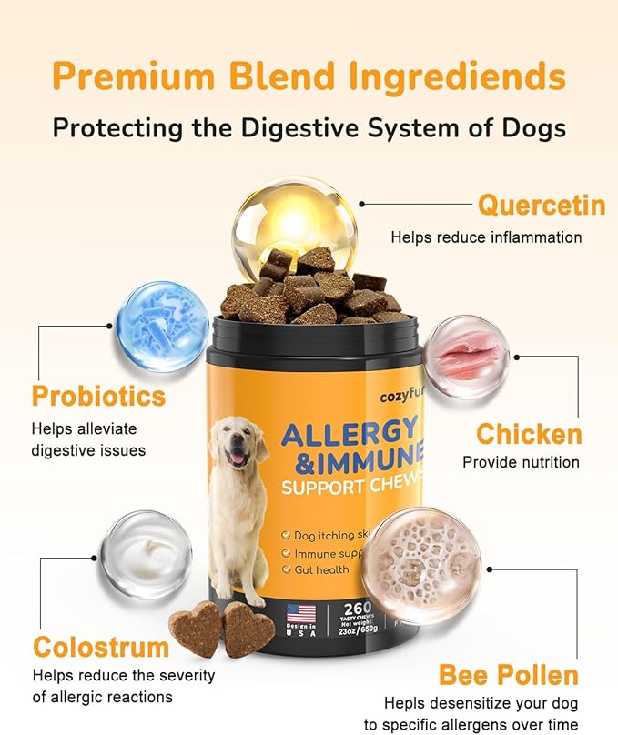 Dog Allergy Chews 260Ct - 23oz Dog Supplements for Itchy Skin and Paw Licking, USA Lab Formula with Probiotics, Boost Immune System