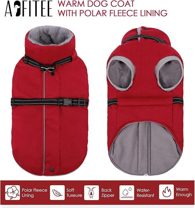 AOFITEE Small Dog Coat with Harness Built in, Fleece Dog Winter Jacket, Reflective Puppy Winter Coat with Zipper On Back, Warm Turtleneck Pet Sweater Windproof Puffer Jacket for Chihuahua, Yorkie, XS
