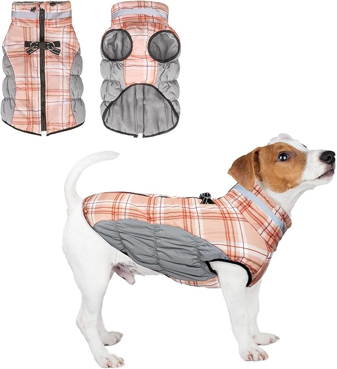 BEAUTYZOO Dog Winter Coat with Harness Built in, Reflective Plaid Puffer Vest Waterproof for Small Dogs, Fleece Warm Puppy Zipped Jacket with D Ring, Pet Cold Weather Sweater Clothes, Brown S