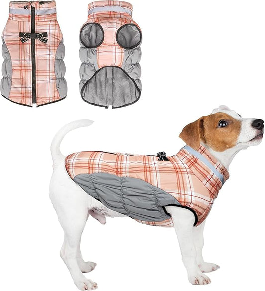 BEAUTYZOO Dog Winter Coat with Harness Built in, Reflective Plaid Puffer Vest Waterproof for X-Small Dogs, Fleece Warm Puppy Zipped Jacket with D Ring, Pet Cold Weather Sweater Clothes, Brown XS
