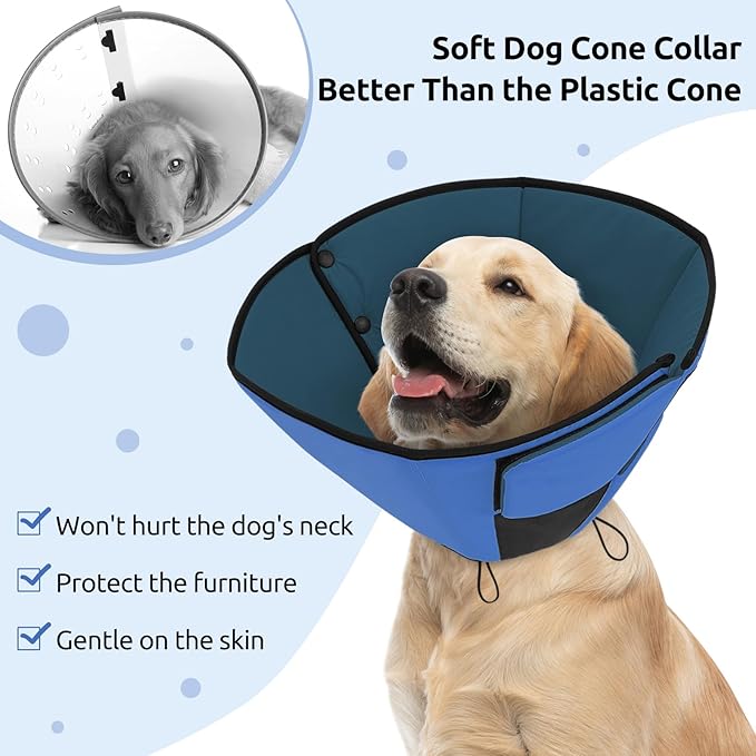 Queenmore Dog Cones for Small Dogs, Soft Cone for Dogs After Surgery, Adjustable Comfy Cone for Dogs & Cats, Comfortable Pet Cone After Surgery for Wound Healing, Blue S